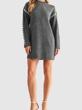 Gray Women's Ribbed Sweater dress with Contrast Stitch Detail